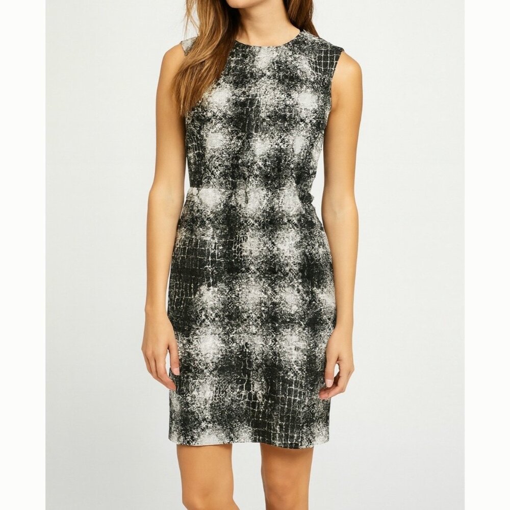 Joseph Ribkoff Black White Tweed Sheath Dress Women’s 6 Crocodile Print Pocket